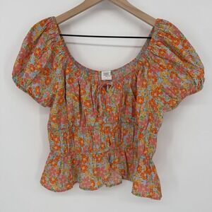 Sienna Sky Sz L Floral Puff Sleeve Blouse Short Sleeve Boho Cottagecore Crop Top